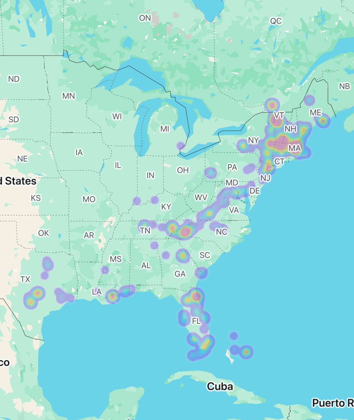 Heatmap of everywhere the van traveled during the nine-month trip