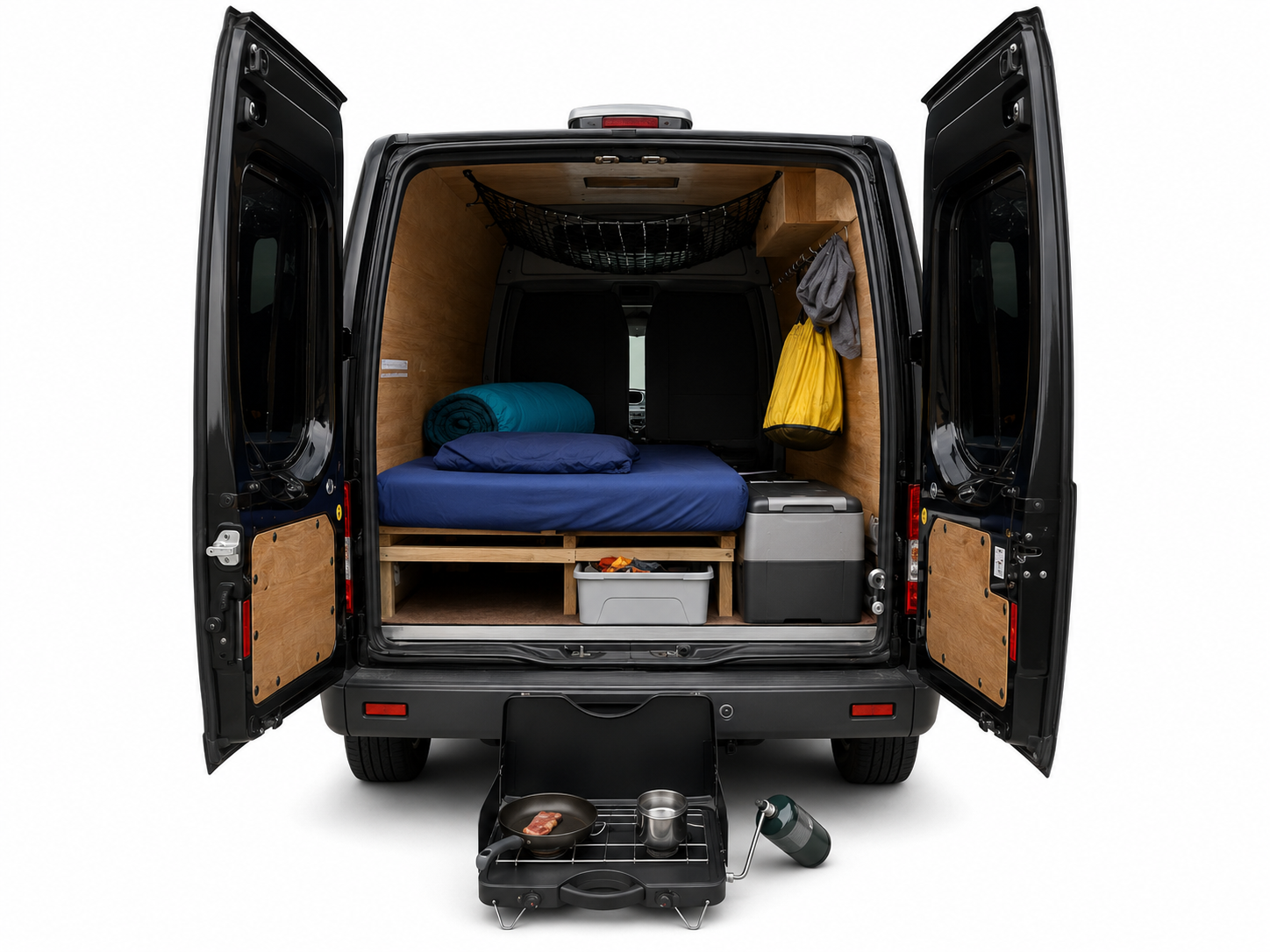 Rear doors open showing the twin bed, wood paneling, 12V fridge, and storage inside