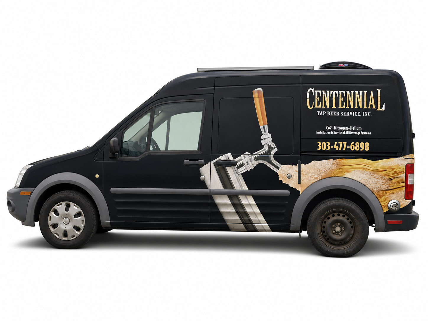 Black 2013 Ford Transit Connect with Centennial Tap Beer Service decals — a beer tap pouring across the side panel